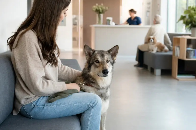 Ein Tamaskan Hund sitzt ruhig neben seinem Besitzer im hellen Wartezimmer einer modernen Tierarztpraxis.